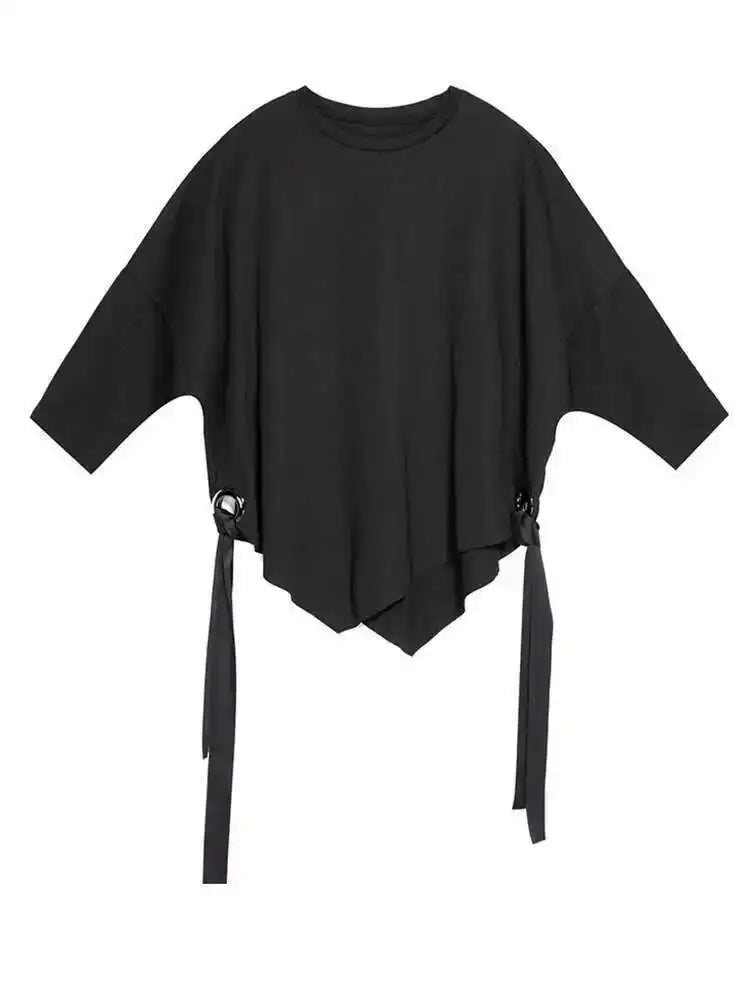 Women Black Ribbon Big Size T-shirt New Round Neck Three-quarter Batwing Sleeve Fashion Tide Spring Autumn 2025  1DF8422