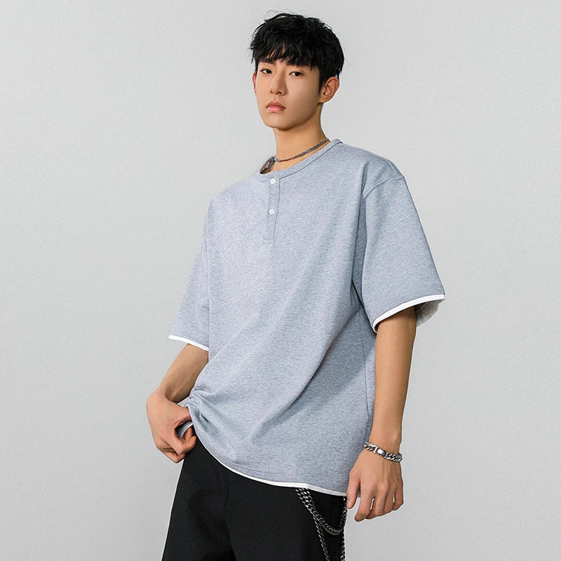 Fake Two-piece Men's T-shirt Summer New Trendy Solid Color Tees Half Sleeves Round-collar Loose Male T-shirts 2025 9W1295
