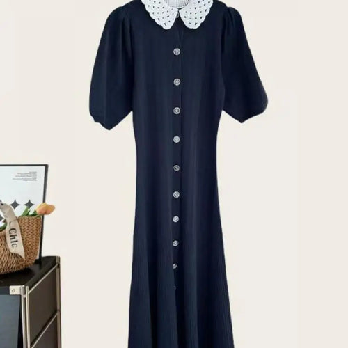 Load image into Gallery viewer, French Fashion Women Black Doll Collar Single Breasted Knitted Dress Spring Summer Red Elegant Short Sleeves Holiday Long Dress
