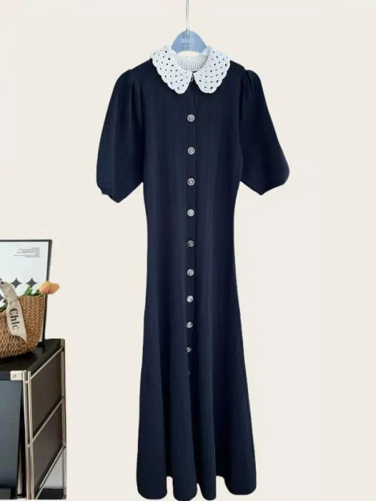 French Fashion Women Black Doll Collar Single Breasted Knitted Dress Spring Summer Red Elegant Short Sleeves Holiday Long Dress