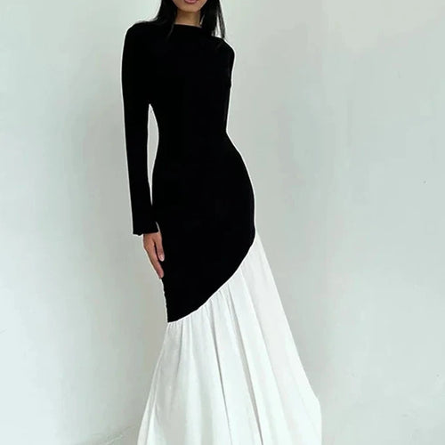 Load image into Gallery viewer, Black and White Patchwork Long Sleeve Pleated Maxi Dress Elegant Fashion Autumn Dresses 2024 Women Clothing C92-CI43
