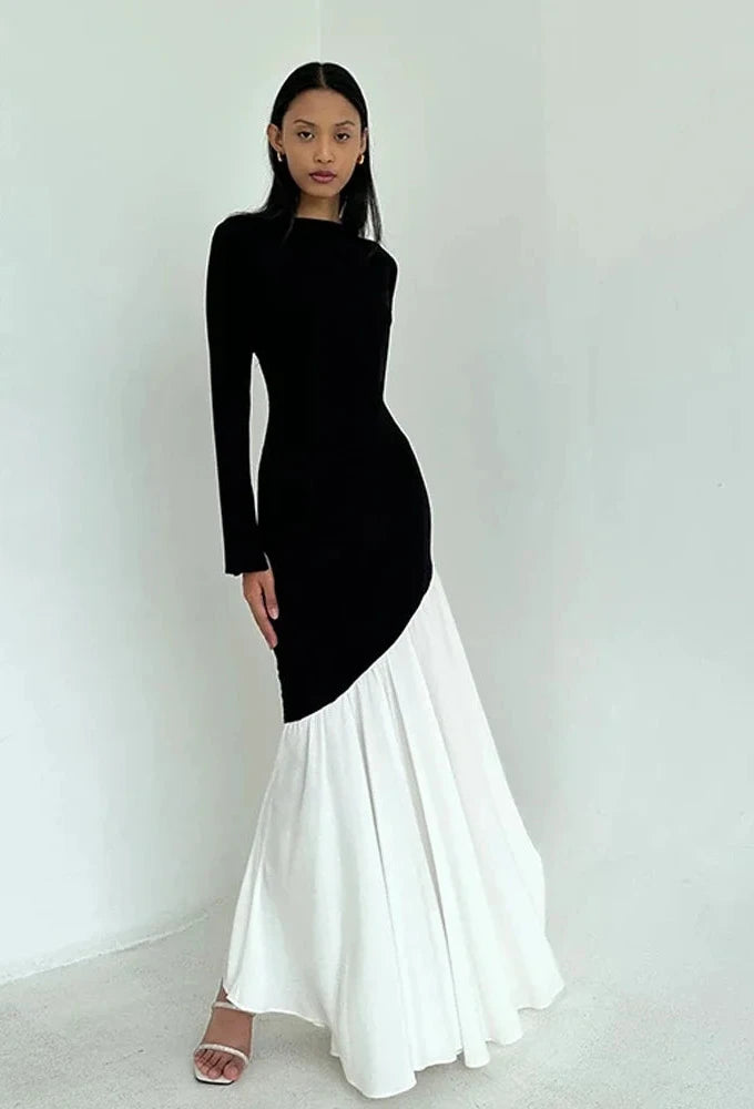 Black and White Patchwork Long Sleeve Pleated Maxi Dress Elegant Fashion Autumn Dresses 2024 Women Clothing C92-CI43