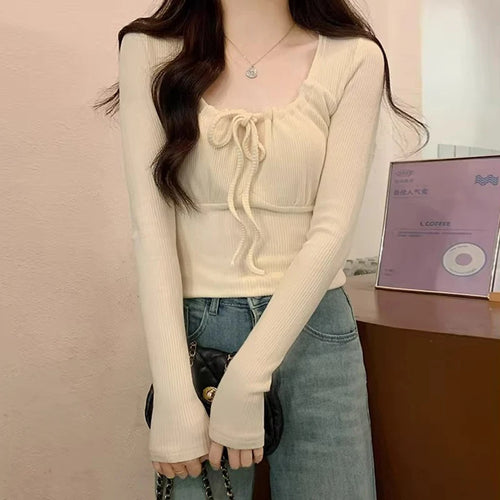 Load image into Gallery viewer, y2k Tops Women Clothes Solid Color Drawstring Chest Long Sleeve Ribbed T Shirts 2000s Aesthetic Clothing Streetwear
