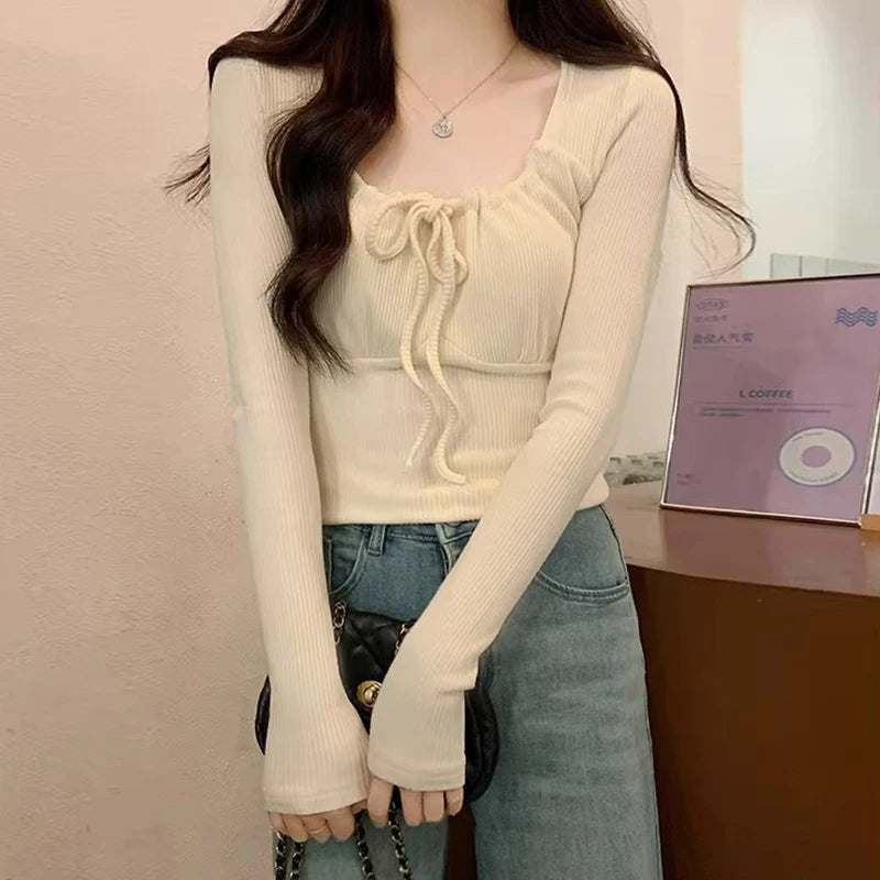 y2k Tops Women Clothes Solid Color Drawstring Chest Long Sleeve Ribbed T Shirts 2000s Aesthetic Clothing Streetwear