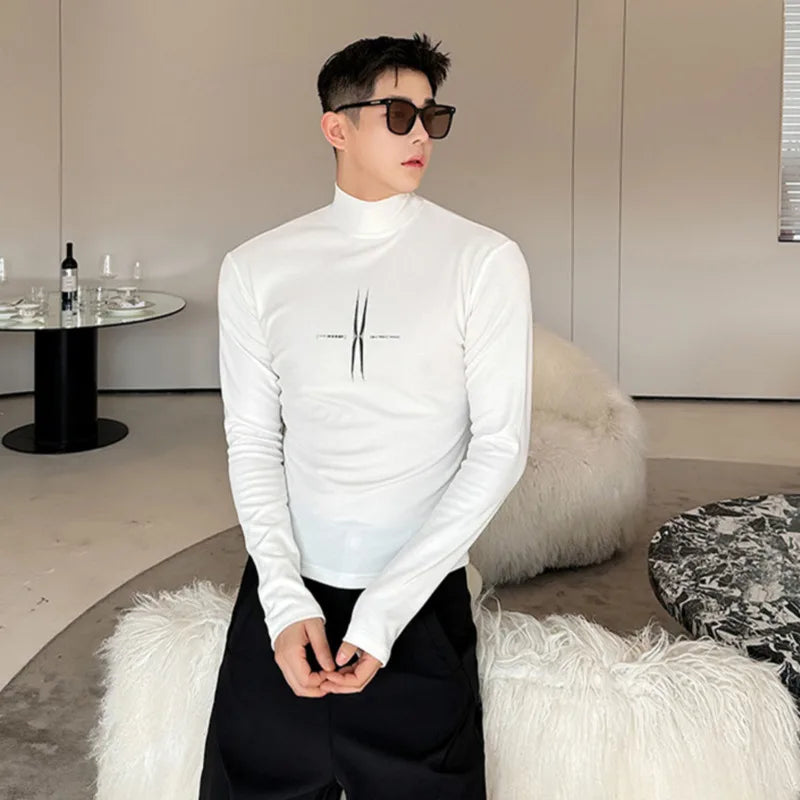 Elastic Close-fitting Men's Printing Long Sleeve T-shirts Korean Fashion Male Niche Design Mock Neck Spring 9C3706