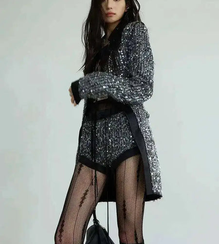 Sequins Shining Blazer Wide Leg Shorts Two Piece Suit New Lapel Long Sleeve Women Fashion Tide Spring Autumn 2025  1DH7070