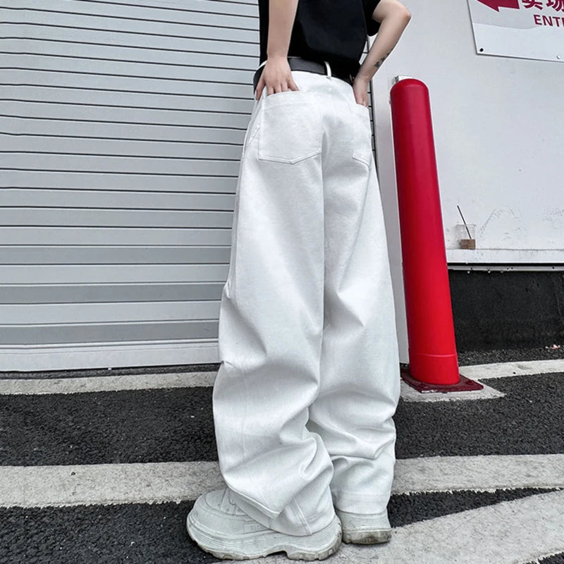 American Style Men's Casual Pants Arcuate Folded Straight Wide Leg Solid Color Loose Male Trousers Autumn 9C7001