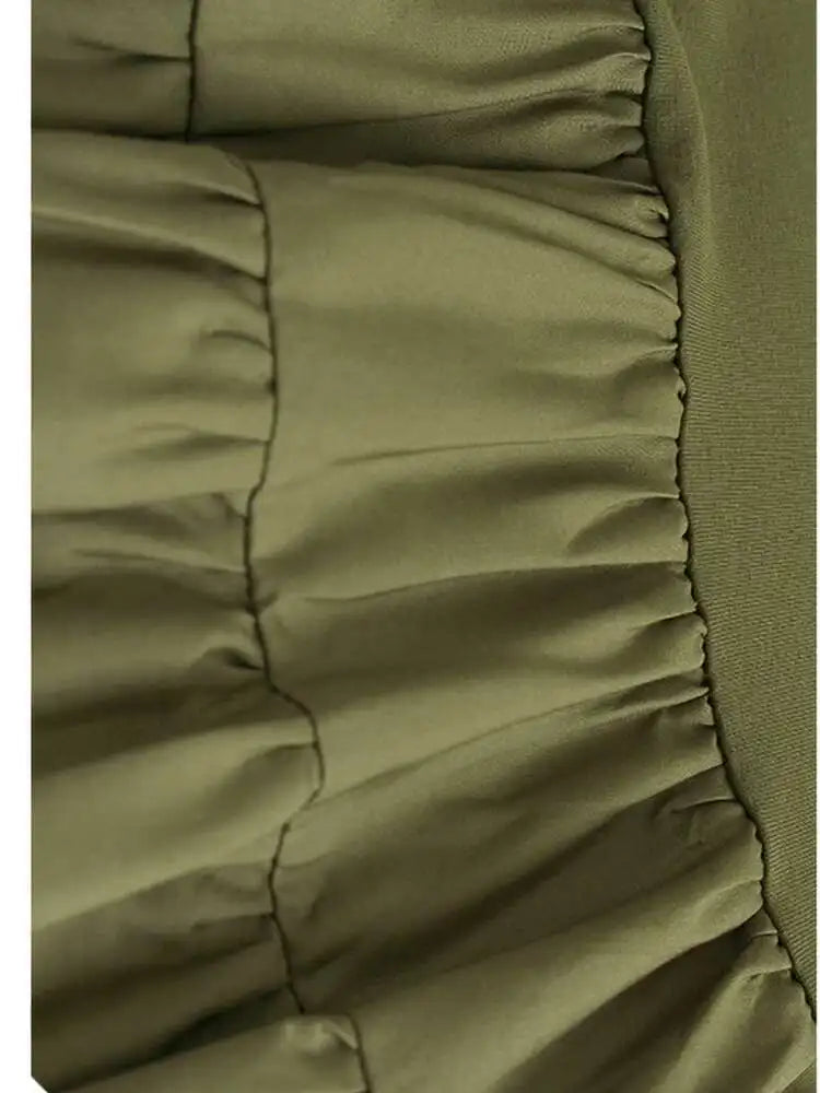 Women Army Green Pleated Hem Big Size Midi Dress New Round Neck Short Sleeve Fashion Tide Spring Summer 2025 1DJ0781