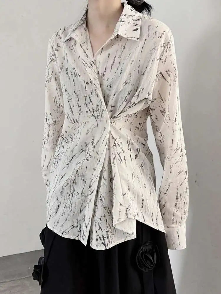 Women Pattern Printed Thin Pleated Big Size Blouse New Lapel Long Sleeve Shirt Fashion Tide Spring Autumn 2025 1DJ0406