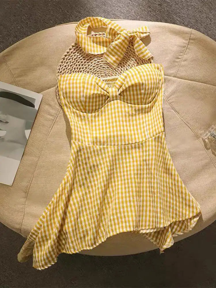 Summer French Plaid Off Shoulder Sleeveless Irregular Strapless Tops Women Backless High Waist Slim Short Top Fashion Clothing