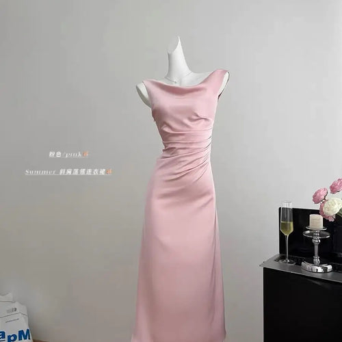 Load image into Gallery viewer, Summer White Pink Elegant Office Pleated Long Dresses Women Fashion Green Sleeveless Swinging Neck Slim Vest Dress Vestidos
