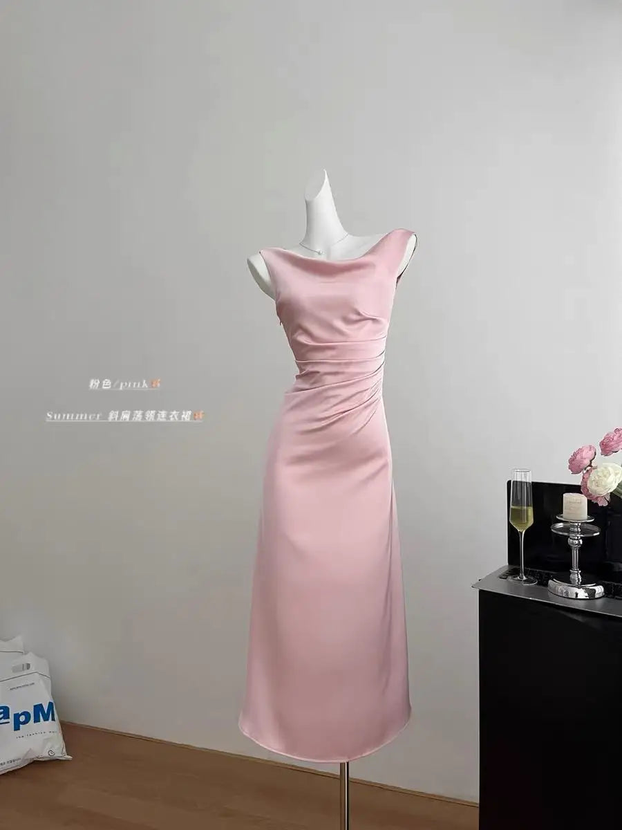 Summer White Pink Elegant Office Pleated Long Dresses Women Fashion Green Sleeveless Swinging Neck Slim Vest Dress Vestidos