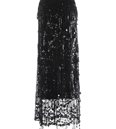 High Elastic Waist Black Sequins Tassels Elegant Long Half-body Skirt Women Fashion Tide New Spring Autumn 2025 1DJ0650