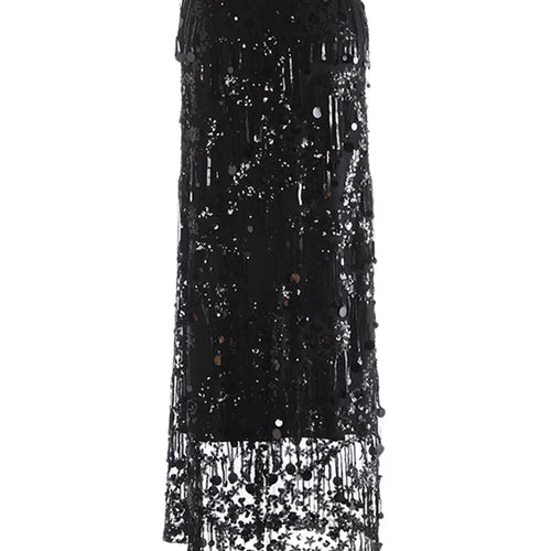 Load image into Gallery viewer, High Elastic Waist Black Sequins Tassels Elegant Long Half-body Skirt Women Fashion Tide New Spring Autumn 2025 1DJ0650
