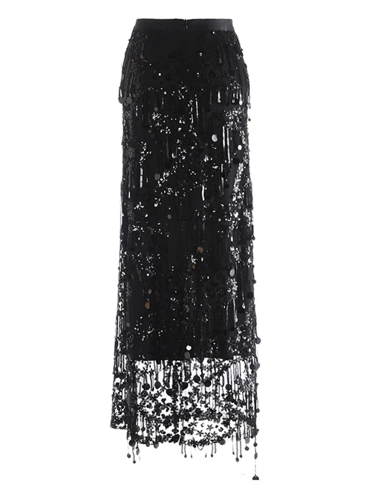 High Elastic Waist Black Sequins Tassels Elegant Long Half-body Skirt Women Fashion Tide New Spring Autumn 2025 1DJ0650