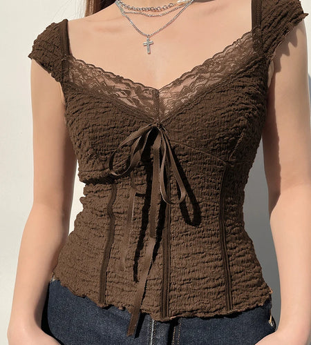 Y2K Vintage Aesthetic Bow Brown Summer T shirt Women Chic Shirred Lace Trim Crop Top Korean 90s Tee Shirts Stitch New