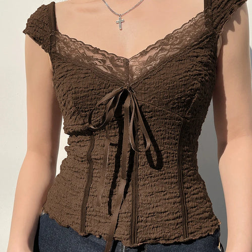 Load image into Gallery viewer, Y2K Vintage Aesthetic Bow Brown Summer T shirt Women Chic Shirred Lace Trim Crop Top Korean 90s Tee Shirts Stitch New
