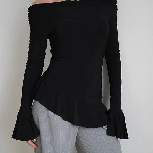 Load image into Gallery viewer, Fashion Long Flared Sleeves Leaf Edge High Elasticity Tight  Women&#39;s Top T-shirt Slim Spring/summer New 2025 Streetwear
