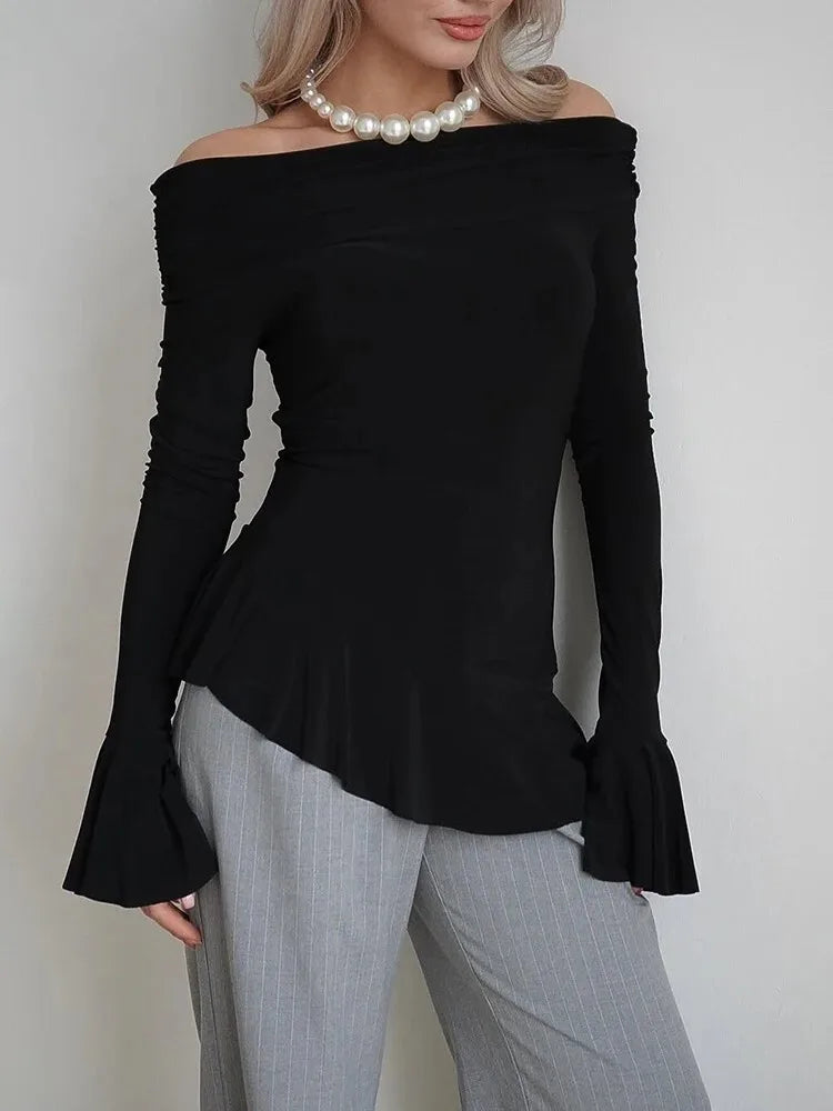 Fashion Long Flared Sleeves Leaf Edge High Elasticity Tight  Women's Top T-shirt Slim Spring/summer New 2025 Streetwear