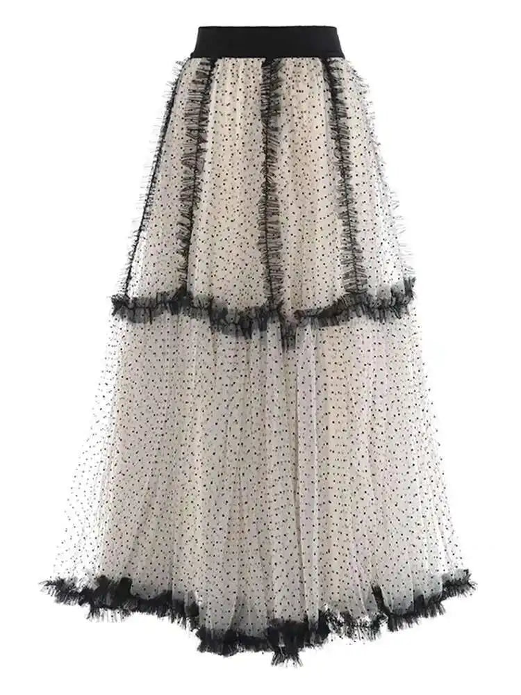 High Elastic Waist Red Dot Mesh Ruffles Elegant A-line Half-body Skirt Women Fashion Tide New Spring Autumn 2025 1DH6335