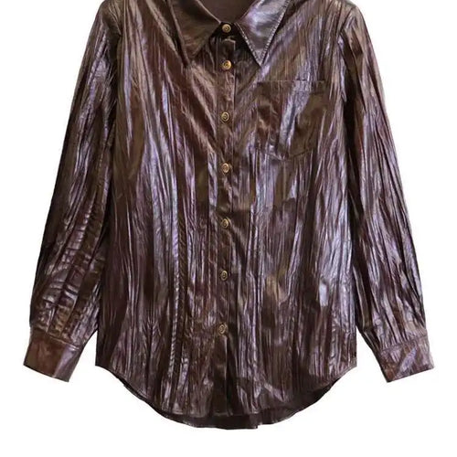 Load image into Gallery viewer, Wine Red Leather Shirt Half-body Skirt Two Pieces Suit New Lapel Long Sleeve Women Fashion Tide Spring Autumn 2025 1DH6880
