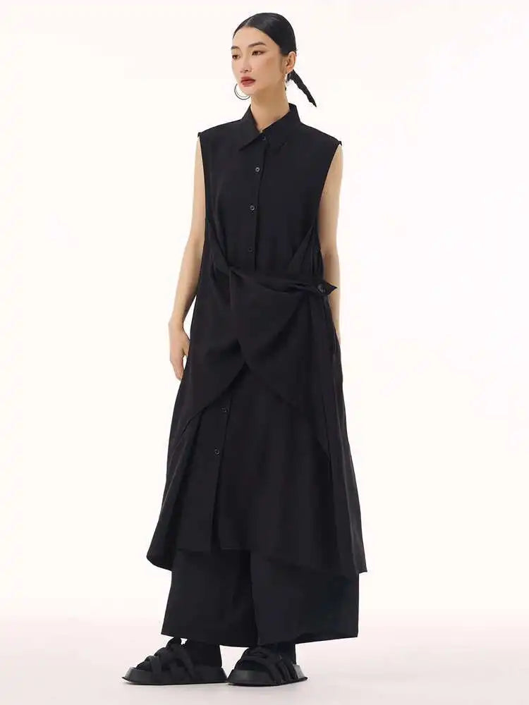 Women Khaki Irregular Spliced Big Size Midi Shirt Dress New Lapel Sleeveless Fashion Tide Spring Summer 2025 1DH9434