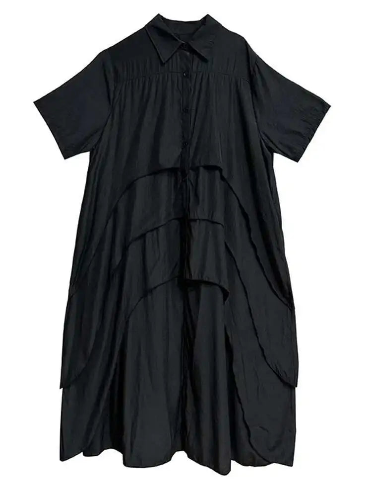 Women Black Layers Back Long Big Size Long Shirt Dress New Lapel Short Sleeve Fashion Tide Spring Summer 2025 1DH6073
