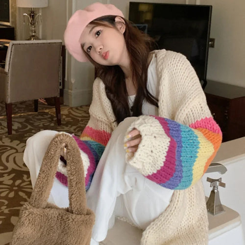 Load image into Gallery viewer, Vintage Rainbow Striped Sweaters Female Casual Sweet Y2k Cardigan Korean Fashion Knitted Top 2025 Autumn Kardigany
