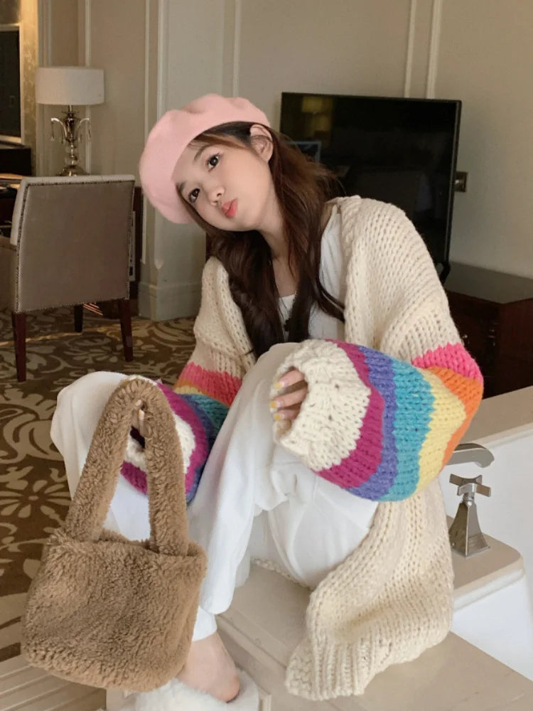 Vintage Rainbow Striped Sweaters Female Casual Sweet Y2k Cardigan Korean Fashion Knitted Top 2025 Autumn Kardigany