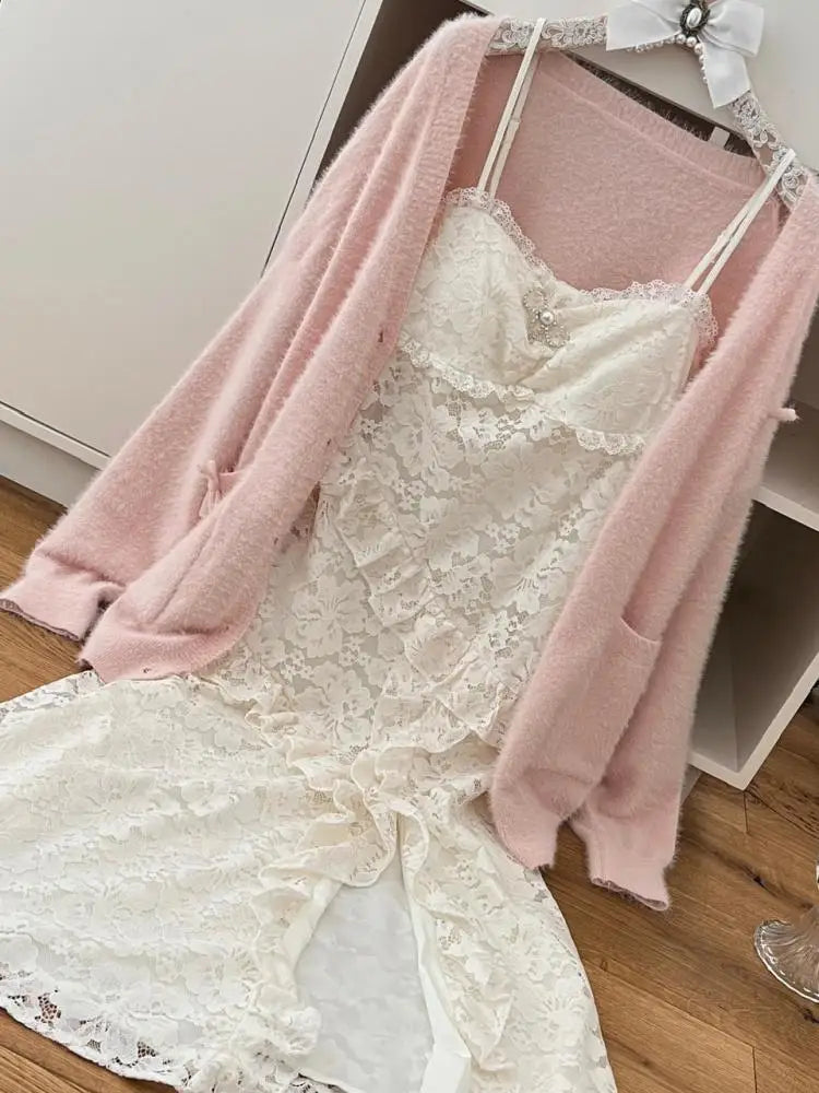 French Sweet Retro Women Pink Single Breasted Cardigan Sweater Autumn Winter Fashion V Neck Long Sleeved Knit Tops Casual Trendy