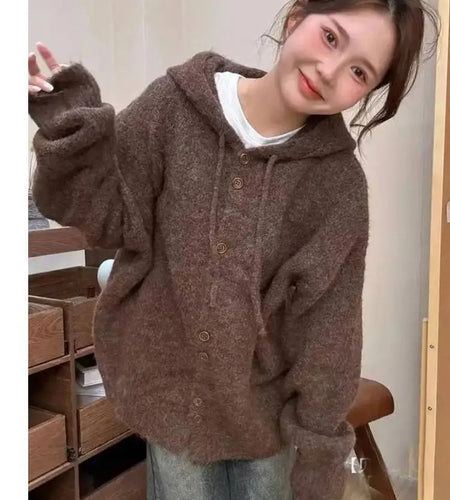 Korean Fashion Solid Elegant Single Breasted Short Hooded Sweater Women Autumn Winter Long Sleeve Vacation Cardigan Knitted Tops