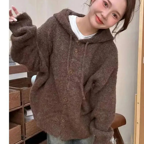 Load image into Gallery viewer, Korean Fashion Solid Elegant Single Breasted Short Hooded Sweater Women Autumn Winter Long Sleeve Vacation Cardigan Knitted Tops
