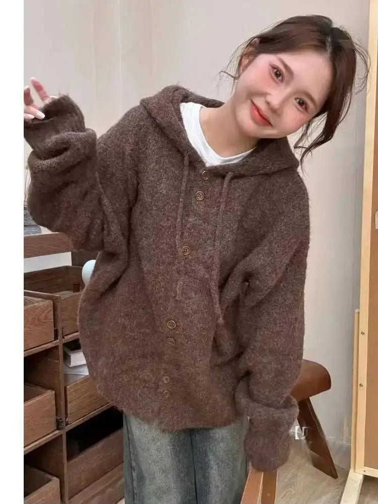 Korean Fashion Solid Elegant Single Breasted Short Hooded Sweater Women Autumn Winter Long Sleeve Vacation Cardigan Knitted Tops