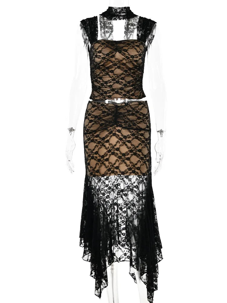 Elegant Sleeveless Lace Patchwork Women Set Perspective Slim Irregular Two Piece Set Elegant Party Club Evening Dress