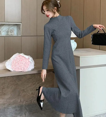 Solid Knitted Sweater Dresses For Women Party Clothing Half Turtleneck Autumn Winter 2023 A-line Warm Long Dress Vintage Casual