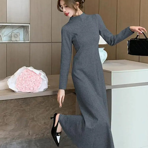 Load image into Gallery viewer, Solid Knitted Sweater Dresses For Women Party Clothing Half Turtleneck Autumn Winter 2023 A-line Warm Long Dress Vintage Casual

