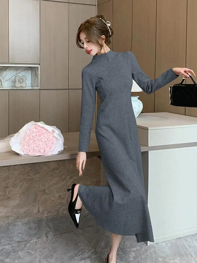 Solid Knitted Sweater Dresses For Women Party Clothing Half Turtleneck Autumn Winter 2023 A-line Warm Long Dress Vintage Casual