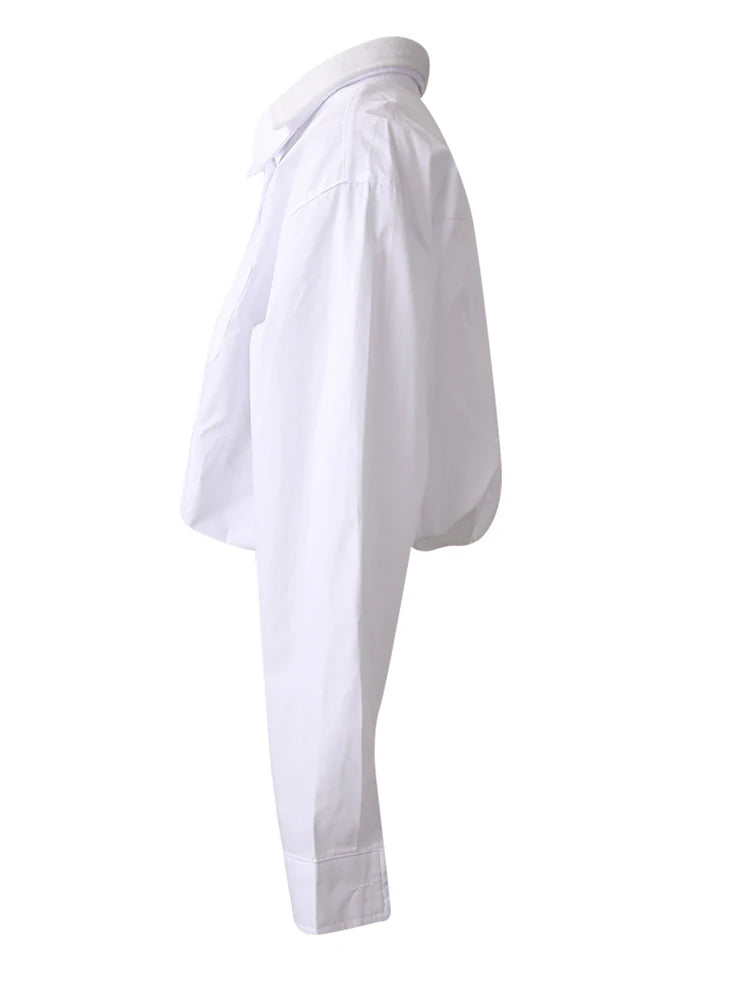 Women Blue Color-block Short Big Size Bud Blouse New Lapel Long Sleeve Shirt Fashion Tide Spring Autumn 2025  CPG3010