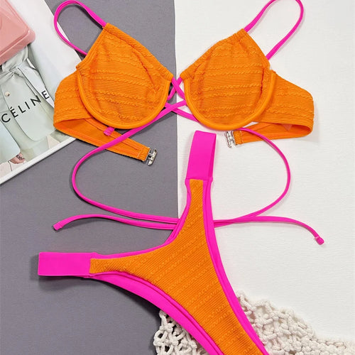 Load image into Gallery viewer, Block Color Underwire Swimwear Around Bandage Bikini Sets 2024 Sexy Women Swimsuit Brazilian Biquini Bathing Suit
