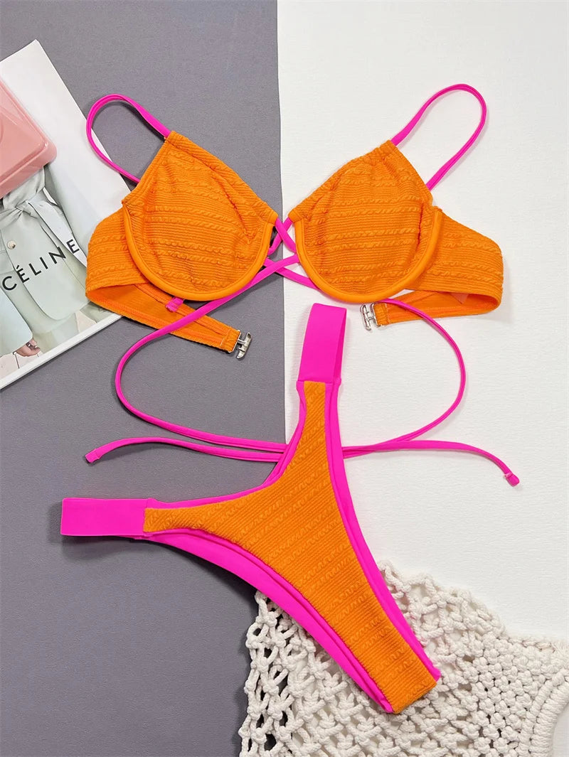 Block Color Underwire Swimwear Around Bandage Bikini Sets 2024 Sexy Women Swimsuit Brazilian Biquini Bathing Suit