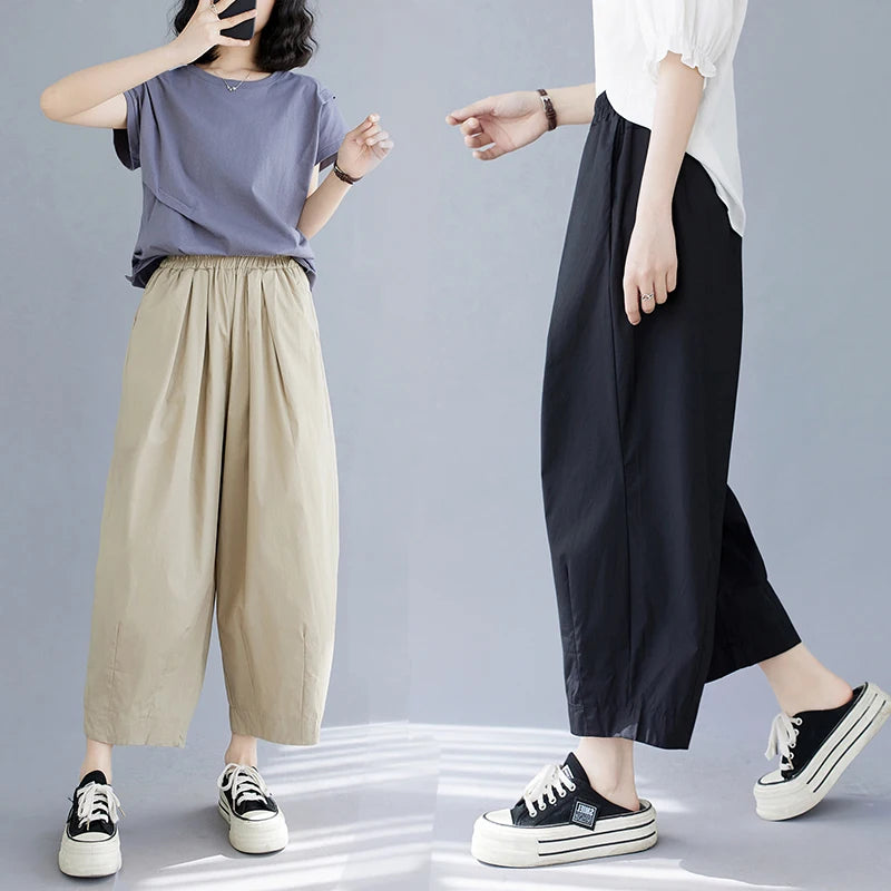 Korean Version Women Summer Black Beige Casual Loose Elastic High Waist Cotton Pocket Ankle-length Harem Pant Brown Oversized