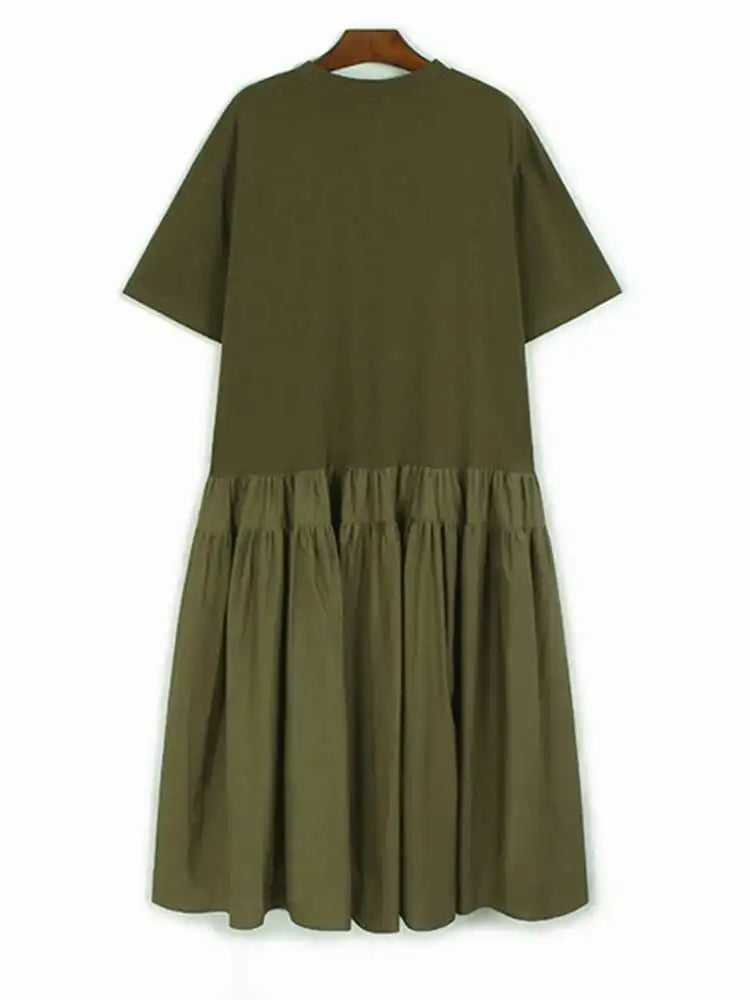 Women Army Green Pleated Hem Big Size Midi Dress New Round Neck Short Sleeve Fashion Tide Spring Summer 2025 1DJ0781