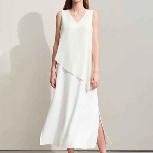 Minimalism 2024 Women Dresses Summer New Vacation Style V-neck Spliced Chiffon Female Sleeveless Loose Dress 12452102