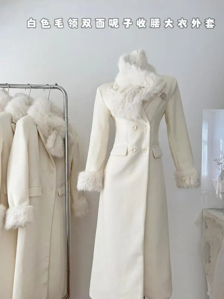 Autumn White Women's Winter Plush Double-sided Woolen Coat 2024 New Vintage Temperament Double-breasted Medium Long Jacket Trend