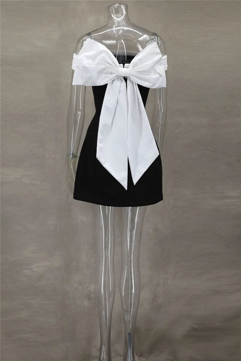 Bow Backless Sexy Mini Dress For Women Robe Elegant Off-shoulder Strapless Sleeveless A-line Club Sexy Dress Vestido