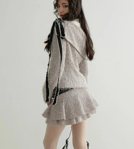 Gray Ribbons Sweater Mini Skirt Two Pieces Suit New Slash Neck Long Sleeve Women Fashion Tide Spring Autumn 2025 1DH9340