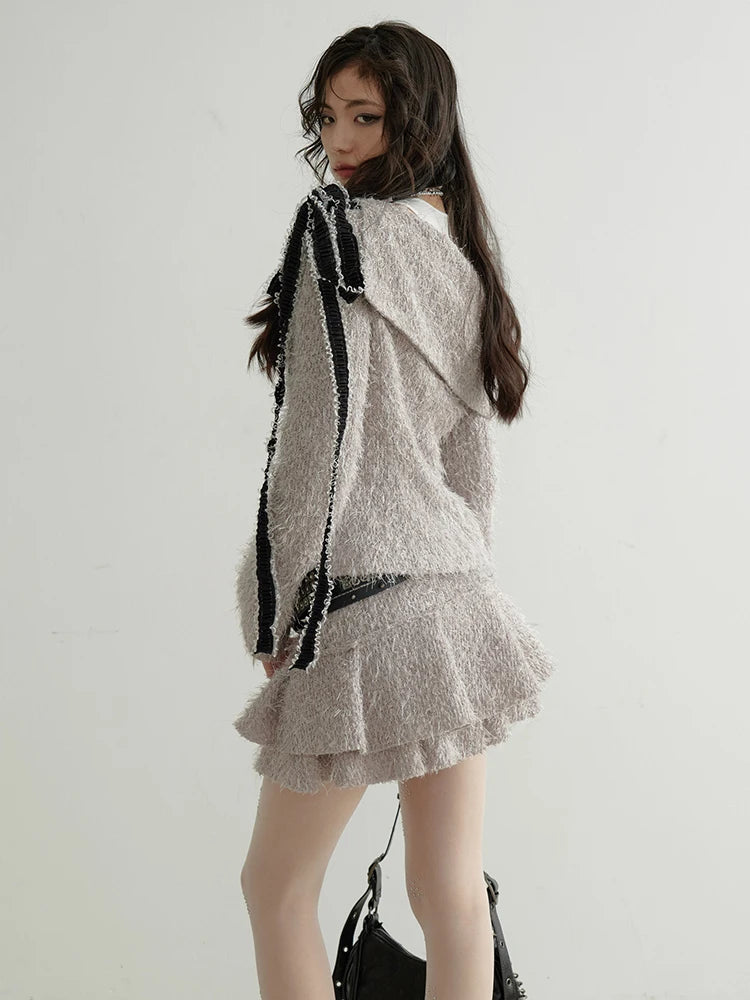 Gray Ribbons Sweater Mini Skirt Two Pieces Suit New Slash Neck Long Sleeve Women Fashion Tide Spring Autumn 2025 1DH9340