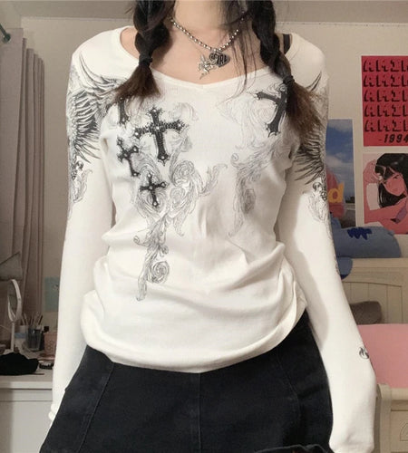 2000s Aesthetic T Shirt Graphic Cross Wings Print Long Sleeve Tops y2k Women Clothes Fairycore Grunge Tee Streetwear