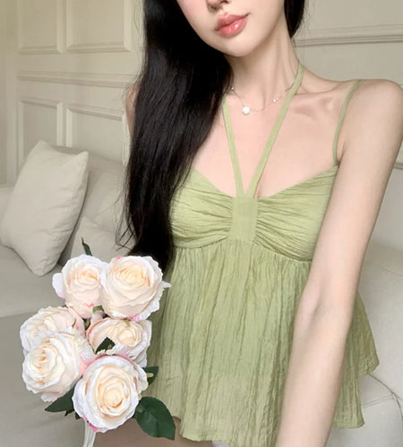 y2k Women Tops Coquette Clothes Solid Color Spaghetti Strap Sleeveless Pleated Camisole Vest 2000s Clothing Streetwear