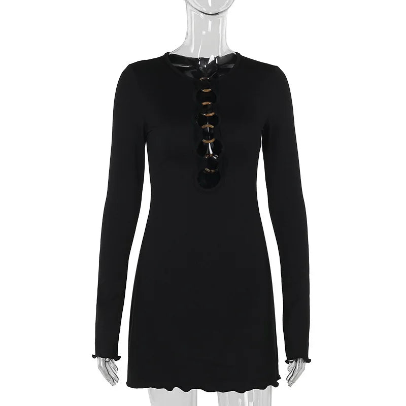 Hollow Out Long Sleeve Sexy Mini Dress For Women Robe Autumn New Black O Neck Club Party Sexy Dress Elegant Clubwear